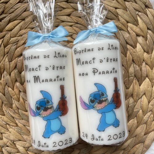 Bougie baptême personnalisée stitch / personnalisable / parrain marraine / cadeau invité / famille