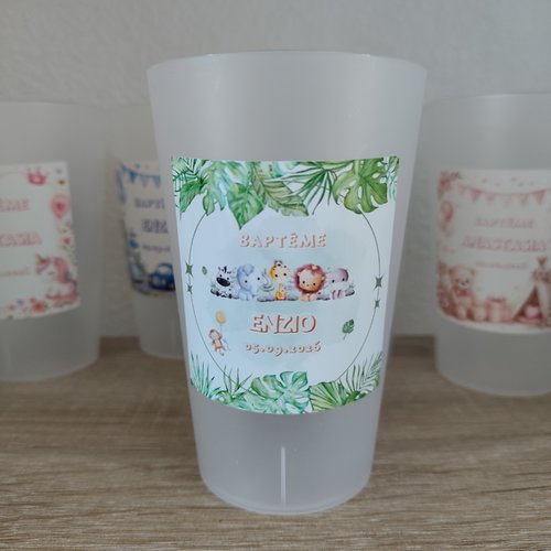 Gobelet baptême personnalisé avec prénom et date, tous thèmes possibles