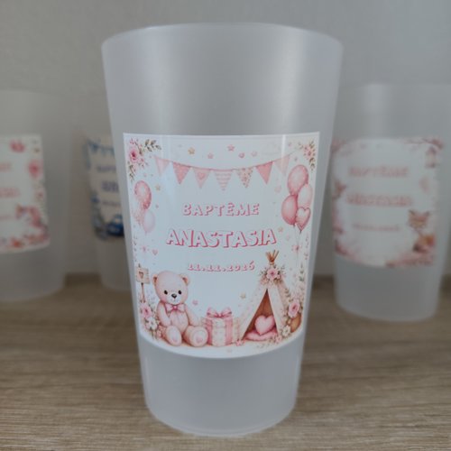 Gobelet baptême personnalisé avec prénom et date, tous thèmes possibles