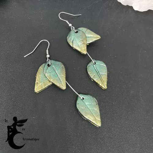Boucles d'oreilles pendants feuilles coloré, bo longues fantaisies et originales, acier inoxydable