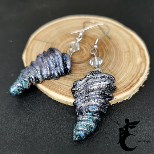 Boucles d'oreilles tornades - collection "miss météo" - bijou artisanal météorologique à paillettes holographique