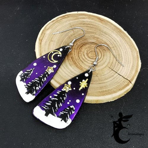 Boucles d'oreilles ailettes nail art violettes noël / hiver. bijou de fête en acier inoxydable