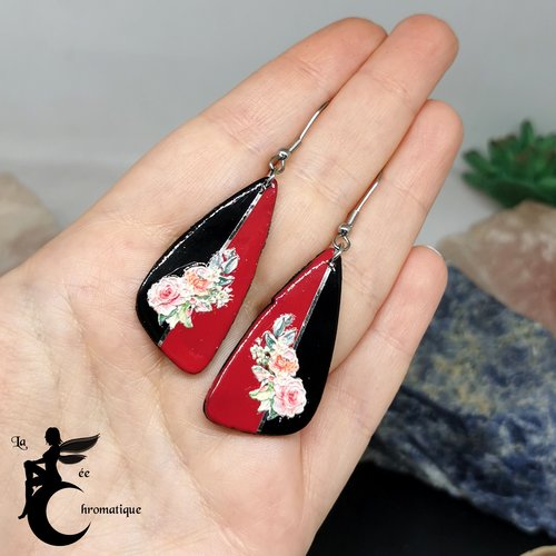 Boucles d'oreilles ailettes nailart "fleurs en rouge et noir" - bijou unique pour la saint valentin