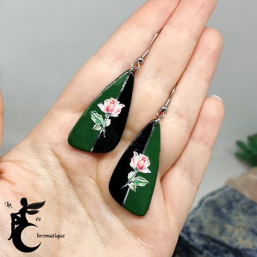 Boucles d'oreilles ailettes nailart "roses en vert et noir" - bijou unique pour la saint valentin