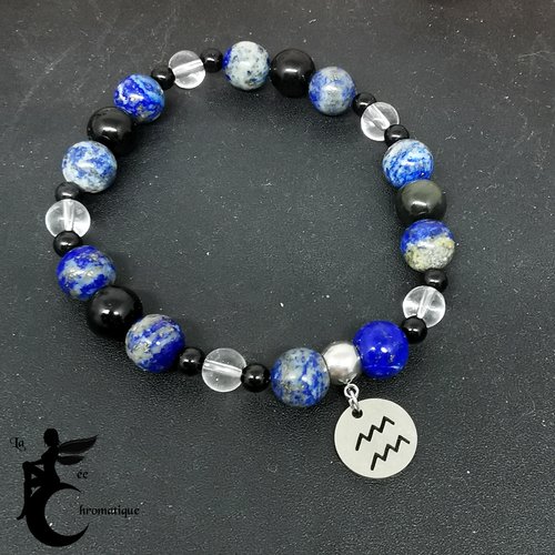 Bracelet signe du zodiaque - verseau - bijou astrologique - lapis lazuli, obsidienne et cristal de roche - cadeau anniversaire fait main
