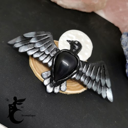 Grande barrette à cheveux corbeau - obsidienne - créature gothique et magique - unique et original - halloween