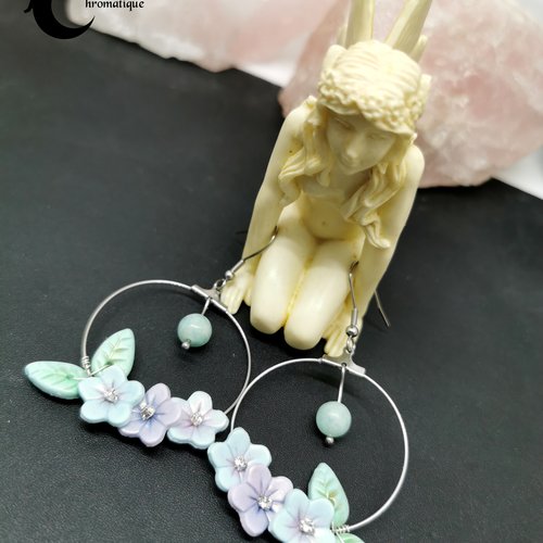 Boucles d'oreilles créoles petites fleurs et amazonite - bijou printanier et bohème - inspiration champêtre - acier inoxydable