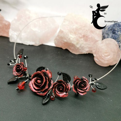 Collier/diadème roses rouges et noires - bijou gothique romantique unique mariage, cérémonie, soirée - composition florale