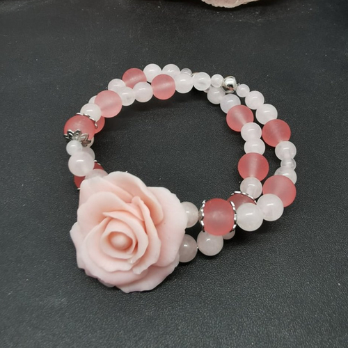 Bracelet rose romantique - quartz rose - argent et rose - bijou unique et fait main - saint valentin