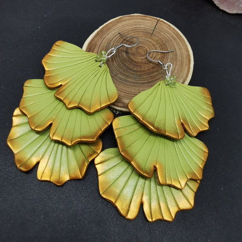 Boucles d'oreilles pendantes feuilles de gingko - grande boucles d'oreilles en acier inoxydable - nature - vert et or