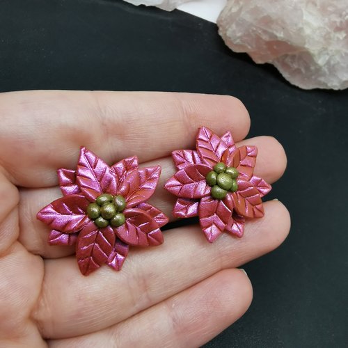 Boucle d'oreilles clips poinsettia - fleur de noël - bijou fait main - oreilles non percées