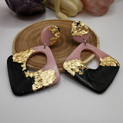 Boucles d'oreilles trio chic or, noir et rose - bijou fait main