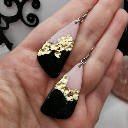Boucles d'oreilles trio chic or, noir et rose - bijou fait main