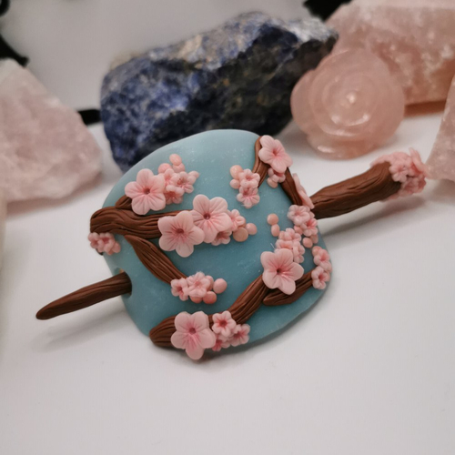 Barrette pic à cheveux fleurs de cerisiers - bijou fait main - création unique - hanami, sakura - printemps