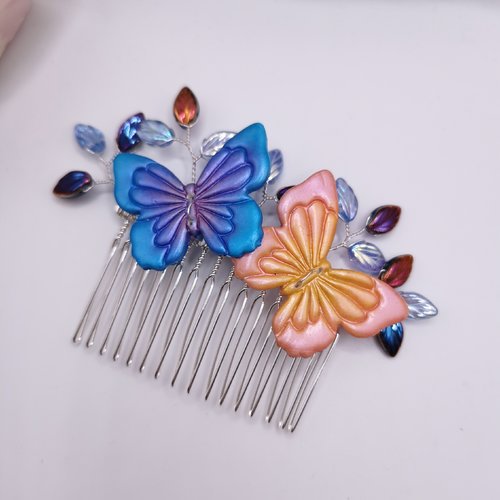 Peigne papillons - bijou mariage, cérémonie, soirée - création fait main rose et bleu