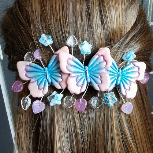 Barrette à cheveux papillons - bijou mariage, cérémonie, soirée - fait main bleu et rose - originale et unique