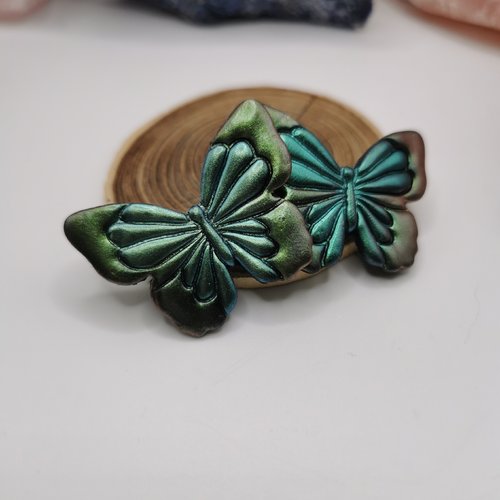 Barrette à cheveux papillons - création fait main verte - originale et unique