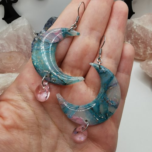 Boucles d'oreilles pendantes lunes turquoise et rose- bijou en acier inoxydable