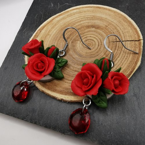 Boucles d'oreilles "rosier rouge" - cadeau saint valentin