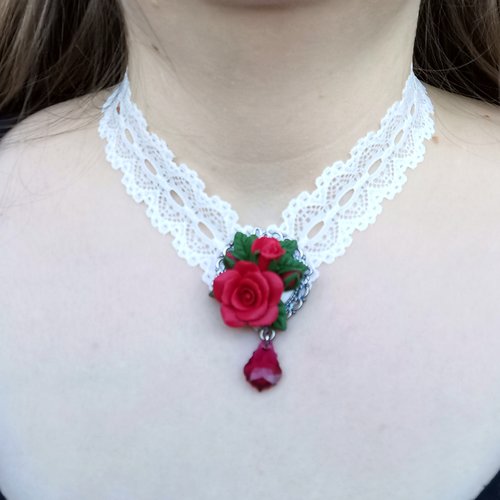 Collier romantique roses et dentelle - bijou fait main blanc et rouge - mariage - cadeau saint valentin