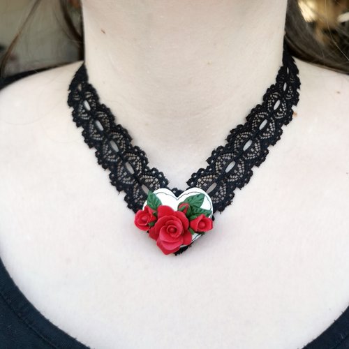 Collier romantique rouge et dentelle - bijou fait main rouge et noir - mariage - cadeau saint valentin