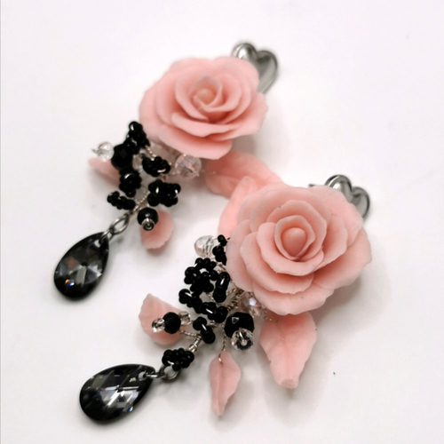 Boucles d'oreilles rivière de roses rose et noir - bijou d'exception pour mariée gothique et romantique - mariage - acier inoxydable