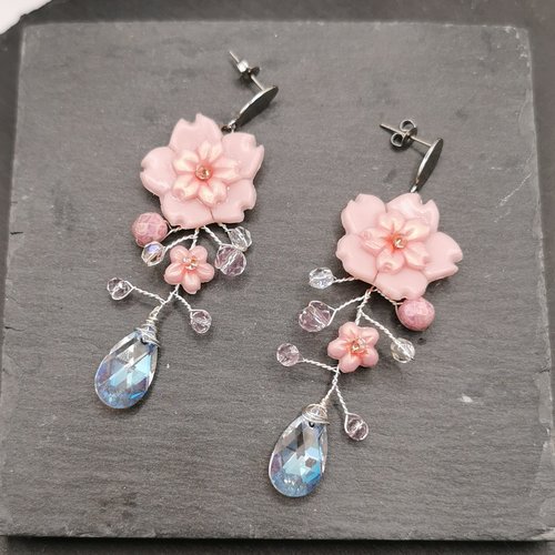Boucles d'oreilles cerisier scintillant - bijou d'exception pour mariée romantique - mariage - acier inoxydable