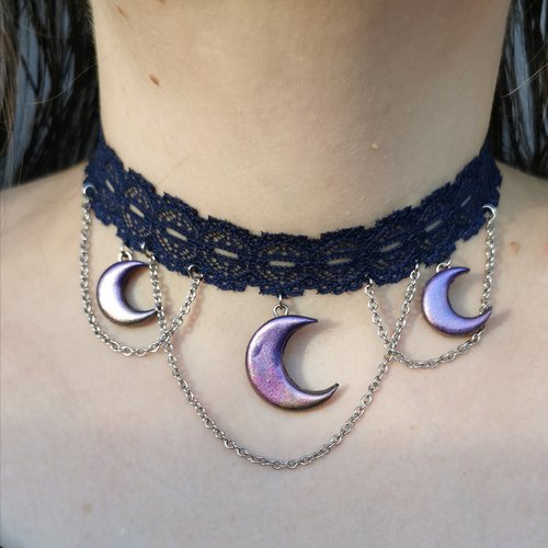 Collier ras de cou triple croissants lunaires - bijou gothique et romantique -  magie lunaire, sorcière