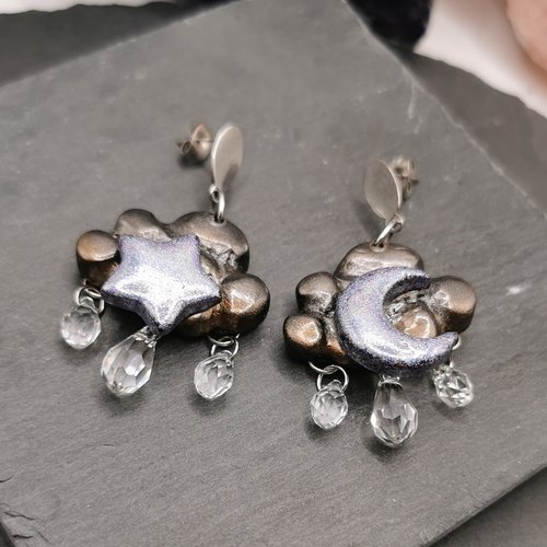 Boucles d'oreilles nuages nuit de pluie, nuage et goutte en cristal - acier inoxydable