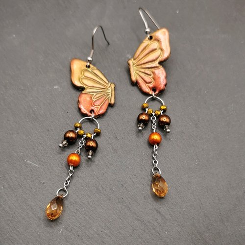 Boucles d'oreilles pendantes papillons  longues - bijou d'automne