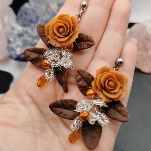 Boucles d'oreilles rivière de roses couleurs d'automne - bijou d'exception pour fée - mariage- cadeau pour elle - acier inoxydable