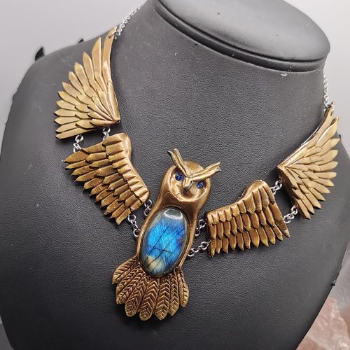 Collier articulé hibou - bijou plastron artisanal en pâte polymère, acier inoxydable et onyx drusy