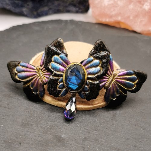 Barrette à cheveux papillons, labradorite et pampille  - création fait main - bijou romantique - originale et unique