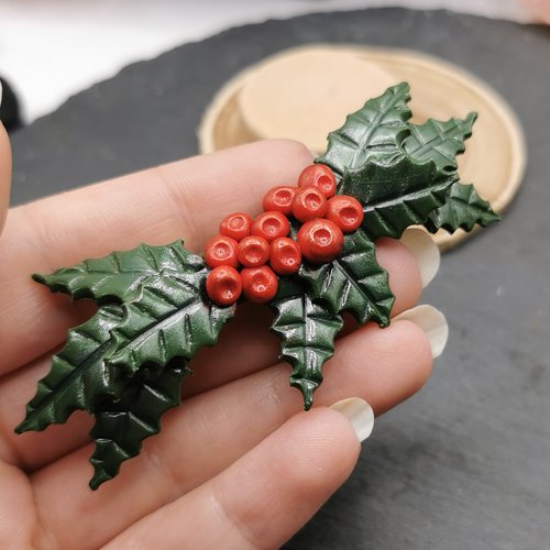 Barrette à cheveux noël houx  -  création fait main - bijou romantique - originale et unique - fêtes de fin d'années