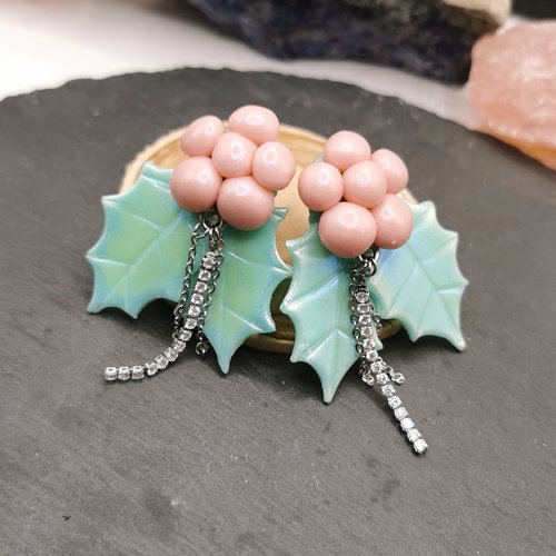 Boucles d'oreilles clips noël, houx scintillant - la magie des fêtes de fin d'années pour oreilles non percées