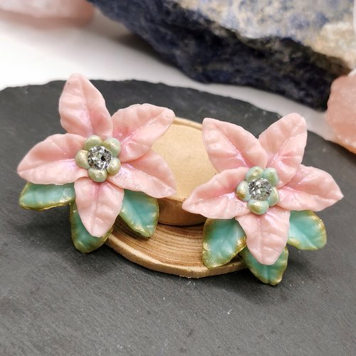 Boucles d'oreilles clips noël, poinsettias - la magie des fêtes de fin d'années pour oreilles non percées