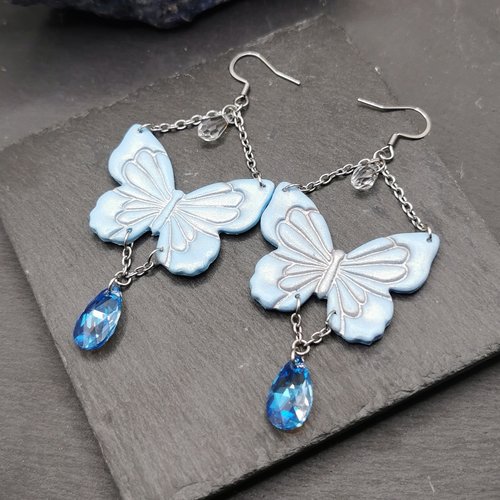 Boucles d'oreilles pendantes papillons de glace - collection hiver 2025 - acier inoxydable