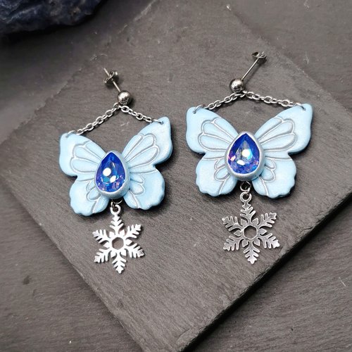 Boucles d'oreilles pendantes papillons de glace - collection hiver 2025 - acier inoxydable