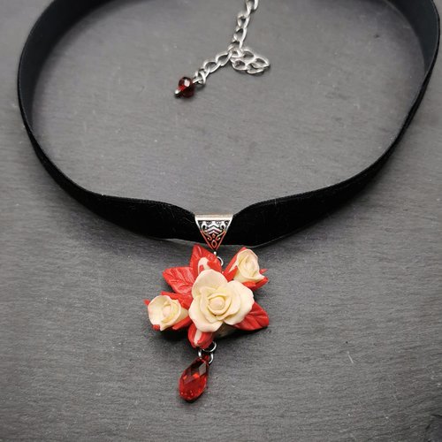 Collier ras de cou rosier jaune et rouge - bijou gothique et romantique - saint valentin