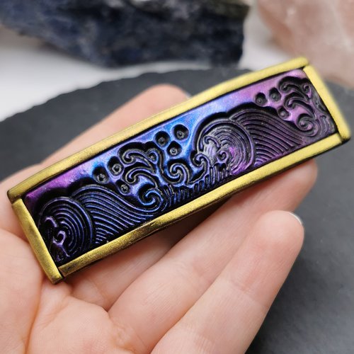 Barrette vagues bleu, violer et  or - accessoire original - esprit japonais - bijou de cheveux
