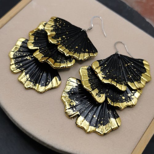 Boucles d'oreilles pendantes feuilles de gingko - grande boucles d'oreilles en acier inoxydable - nature - noir et or