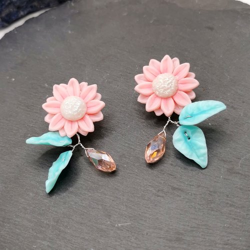Boucles d'oreilles fleurs roses - bijoux de printemps champêtre et romantique