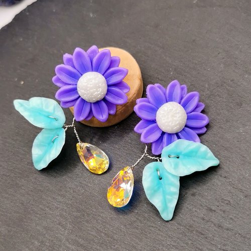 Boucles d'oreilles clips fleurs mauves - bijoux de printemps champêtre et romantique