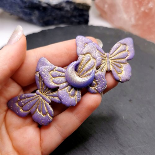 Barrette à cheveux papillons et lune mauve et or - création fait main - bijou romantique - originale et unique