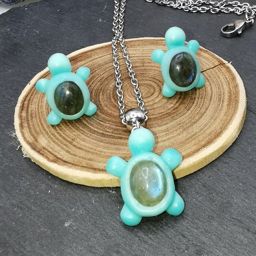 Parure collier et boucles d'oreilles petites tortues - labradorite