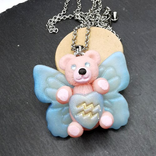 Pendentif nounours fée signe du zodiaque - bijou personnalisable - signe du verseau