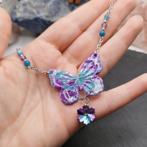 Collier papillon violet et turquoise  - bijou féerique et romantique - acier inoxydable - bijou unique