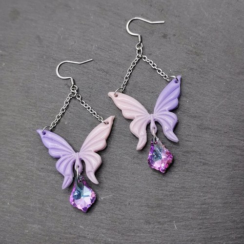 Boucles d'oreilles pendantes papillons pastels - bijou féerique et romantique - acier inoxydable - mauve et rose