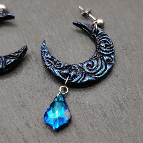 Boucle d'oreilles lune bleu nuit - bijou féerique et romantique - gothique