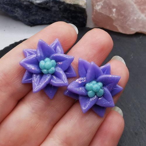 Puces d'oreilles poinsettias mauve et vert menthe - bijou de noël